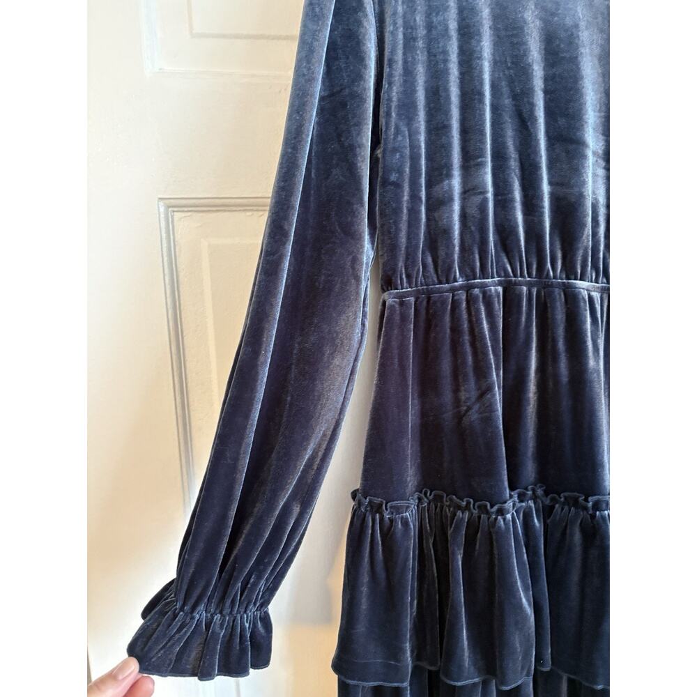 Baltic Born Navy Blue Velvet Tiered Ruffle Mini Dress‎ Wrap V-Neck Long Sleeve M